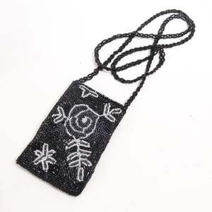 Vintage Crossbody Handbag Mini Beaded Black Gray White Floral Lined Pouch Bag